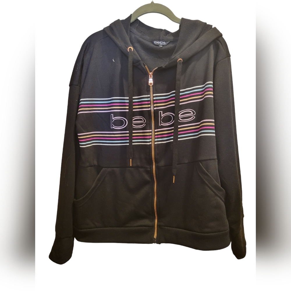 Bebe Zip Front  Stripe Logo Hoodie Black/Rosegold 1X
